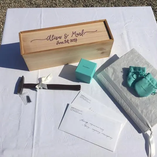 Time capsule – wine box ceremony Personalised wine box, love letters and hammer ready for the wine box ritual